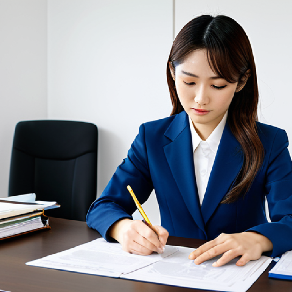 **

A fully clothed professional Japanese businesswoman wearing a modest business suit, studying documents at a desk in a bright, modern office. Focus on her focused expression and organized workspace. "Safe for work," "appropriate content," "family-friendly," "perfect anatomy," "natural pose," "professional," high quality, well-formed hands, proper finger count.

**