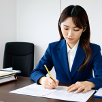 **

A fully clothed professional Japanese businesswoman wearing a modest business suit, studying documents at a desk in a bright, modern office. Focus on her focused expression and organized workspace. "Safe for work," "appropriate content," "family-friendly," "perfect anatomy," "natural pose," "professional," high quality, well-formed hands, proper finger count.

**