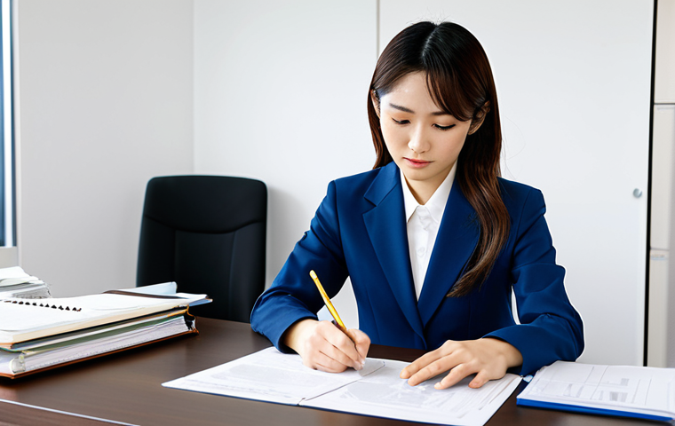 **

A fully clothed professional Japanese businesswoman wearing a modest business suit, studying documents at a desk in a bright, modern office. Focus on her focused expression and organized workspace. "Safe for work," "appropriate content," "family-friendly," "perfect anatomy," "natural pose," "professional," high quality, well-formed hands, proper finger count.

**