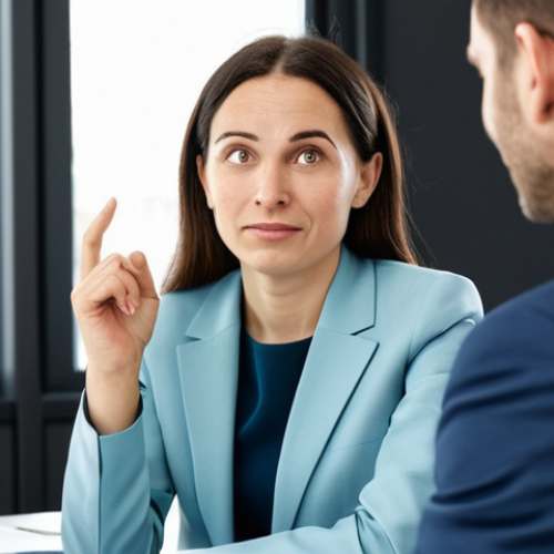**

A bright and modern office scene. A businesswoman in her late 20s, wearing a stylish yet modest business suit (skirt suit preferred), is actively listening to a colleague. She's making eye contact and nodding attentively. The colleague (gender neutral) is gesturing while speaking. The atmosphere is collaborative and positive. Soft, natural lighting. Focus on communication and active listening. Safe for work, appropriate content, fully clothed, professional. Perfect anatomy, correct proportions, natural pose, well-formed hands, proper finger count.

**