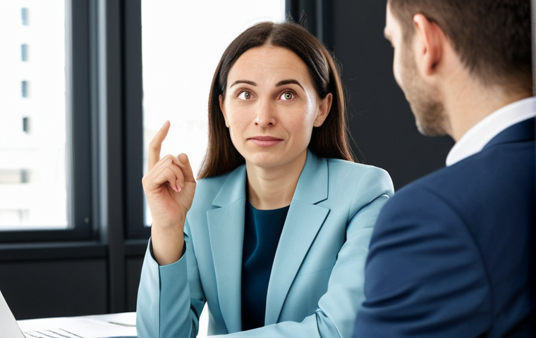 **

A bright and modern office scene. A businesswoman in her late 20s, wearing a stylish yet modest business suit (skirt suit preferred), is actively listening to a colleague. She's making eye contact and nodding attentively. The colleague (gender neutral) is gesturing while speaking. The atmosphere is collaborative and positive. Soft, natural lighting. Focus on communication and active listening. Safe for work, appropriate content, fully clothed, professional. Perfect anatomy, correct proportions, natural pose, well-formed hands, proper finger count.

**