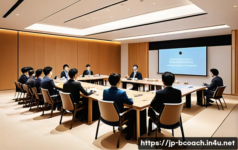 비즈니스 코칭 워크샵 운영 가이드 - A modern Japanese-style business coaching workshop scene showing diverse participants actively engag...