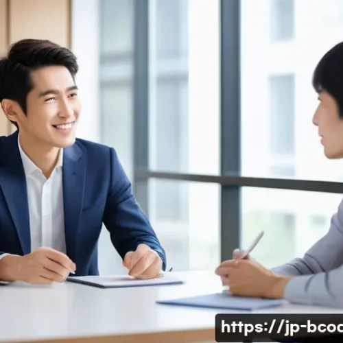 비즈니스 코칭 필수 자질 - A modern Japanese business coaching session in a sleek, minimalist office setting, featuring a profe...