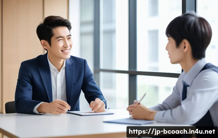 비즈니스 코칭 필수 자질 - A modern Japanese business coaching session in a sleek, minimalist office setting, featuring a profe...