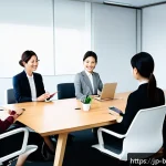 비즈니스 코칭과 중소기업 지원 - A modern Japanese office scene showing diverse employees engaged in open communication around a conf...