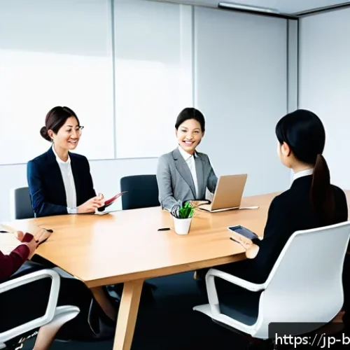 비즈니스 코칭과 중소기업 지원 - A modern Japanese office scene showing diverse employees engaged in open communication around a conf...