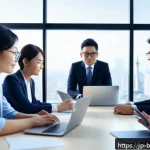 비즈니스 코치 자격증 종류 - A professional business coach in a modern Japanese office setting, wearing smart business attire and...
