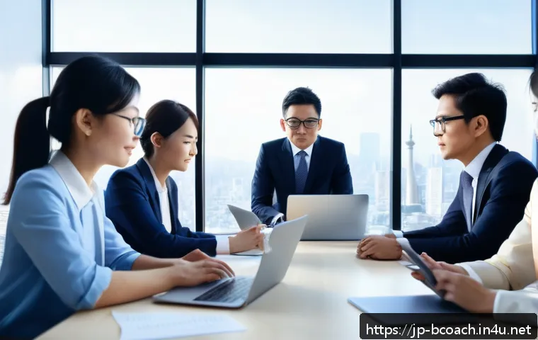 비즈니스 코치 자격증 종류 - A professional business coach in a modern Japanese office setting, wearing smart business attire and...